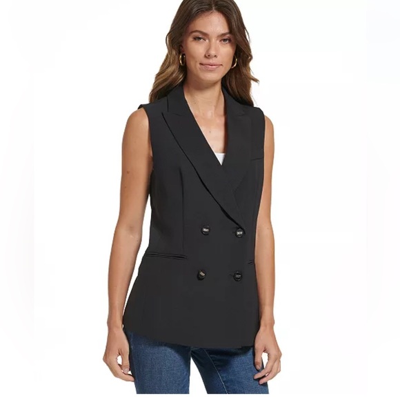 DKNY Double Breasted Vest. Black with Gold Buttons and Gold Logo Embellishments - Picture 4 of 12